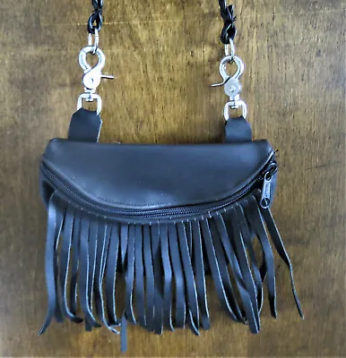 Native American Handcrafted Black Leather Fringed Medicine Bag Zip Close • $39.95