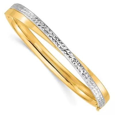 Real 14kt 4/16 White Rhodium Diamond-cut Bypass Hinged Bangle; 7 Inch • $793.36