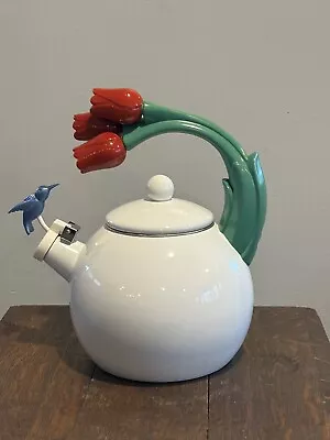 White Enameled Steel Tea Kettle W/RedTulips Handle And Blue Hummingbird On Spout • $85