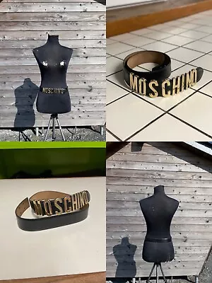 RARE VTG 90s MOSCHINO Redwall Italy Logo Gold Lettering-Letters Leather Belt 36  • $49.99