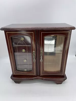 Vintage Wooden  Jewellery Box Wardrobe Style Mahogany And Gold Trim 2 Door • £22.94