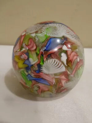 Murano Art Glass Blue Pink White Ribbon Striped Latticino Paperweight 3” • $35