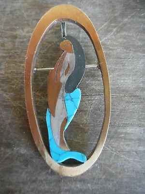 Tono Piedra Negra Mexican Sterling Mixed Metal Turquoise MCM Pin Brooch Pendant • $49.95