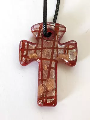 Murano Red Ankh Cross Glass Pendant On Black Thong Necklace D21 • $7.58