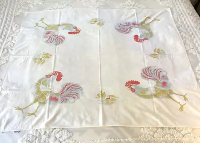 California Hand Prints ~ TABLECLOTH Red & Turquoise & Gold ROOSTERS ~ Cotton • $26.50