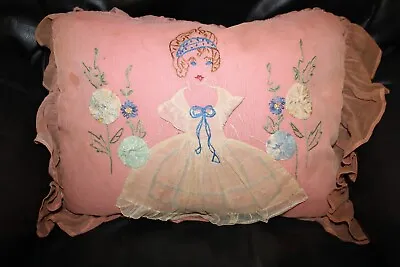 Vintage Art Deco Boudoir Bed Pillow Embroidery YoYo Flowers Sheer Fabric • $22