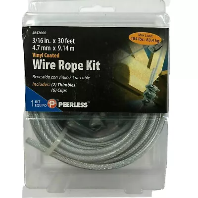 Peerless  3/16  X 30' Vinyl Coated Metal Wire Rope Kit W/ Cable Clips & Thimble • $14.95