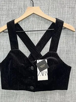 NWT Zara Women's L Velvet Black Button Front Crop Top Bralette Metallic Thread • $14.99
