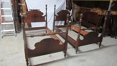 Pair Twin Beds Poster Burled Walnut Antique • $1200