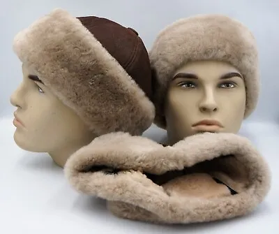 100% Sheepskin Shearling Leather Fur Beanie Round Bucket Hat S-3XL ESPRESSO TEAK • $25