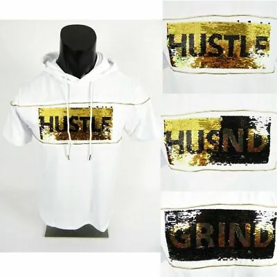 Mens Hoodie T-Shirt Reverse Gold Sequins Logo White Slim Fit Hip Hop M L XL XXL • $12.99