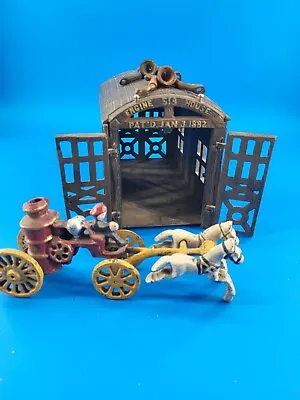Replica Cast Iron Engine Fire House Station W/ Firefighters And Horses • $125