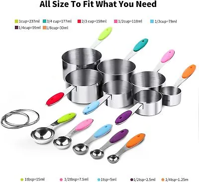 Stainless Steel Measuring Cups And Spoons Set 12 Pcs Utensils Coloured Handles • £11.99