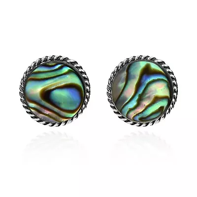 Elegant Braided Border Round Abalone Shell Inlay Sterling Silver Stud Earrings • $14.49