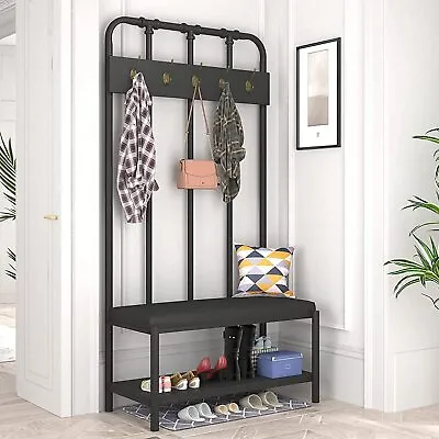 Coat Rack Shoe Bench /Entryway Hall Tree With Shoe Storage& 5 HooksBlack • $109.99