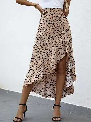 Womens Girls Beige Long Ruffle Hem All Over Print Asymmetrical Skirt Size S M L • £9.49