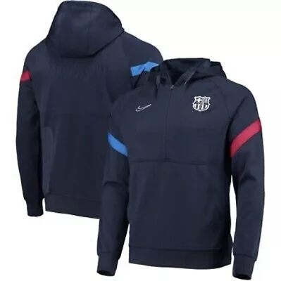 NWT Men's NIKE Dri-Fit FCB BARCELONA 1/2 Zip Hoodie Travel Soccer Navy Size L • $69.95