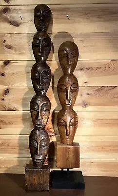 Pair Of Wooden Carving Multiple Face Totems • £55