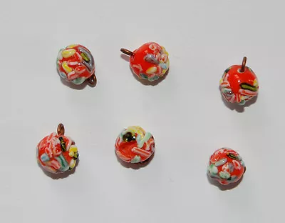 VINTAGE FUSED GLASS COLORFUL MILLEFIORI BEAD BALL PENDANTS 8mm• RED GREEN ORANGE • $3.99