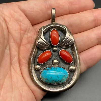 Vintage Navajo Turquoise Coral Silver Pendant • $895