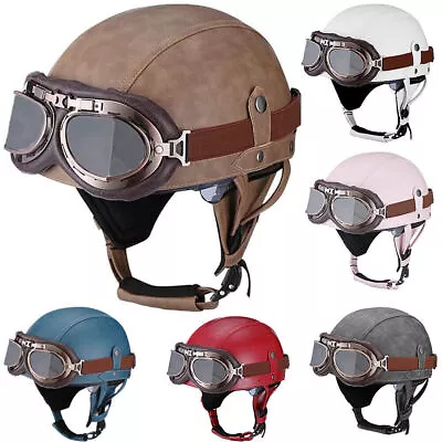 Leather Vintage Motorcycle Half Helmet Beanie Scooter Bike Cruiser With Goggles • $49.99