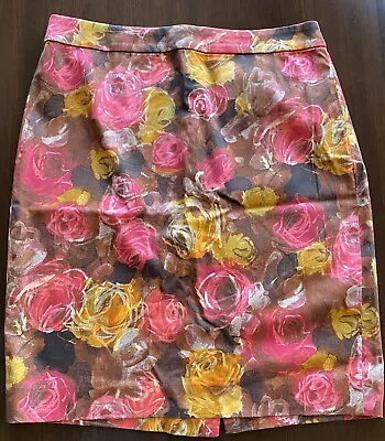 J Crew Sz 4 Brown Multi-color Floral Print Pencil Skirt Unlined Cotton Stretch • $20