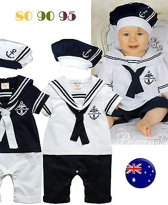 NEW Kids Girl Boy Baby Navy Sailor Marine Stripe Costume Party Romper + Hat Prop • £18.33