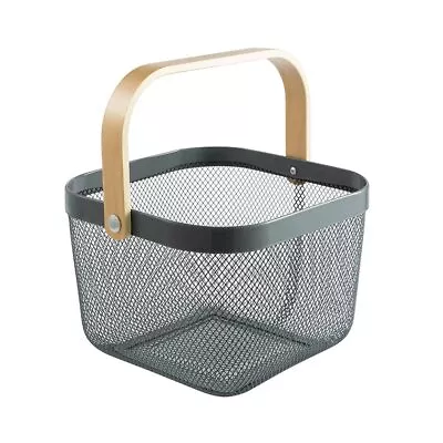 Mesh Steel Storage Organizer Basket Fruit Basket Bin With Wood Handle Ideal F... • $35.79