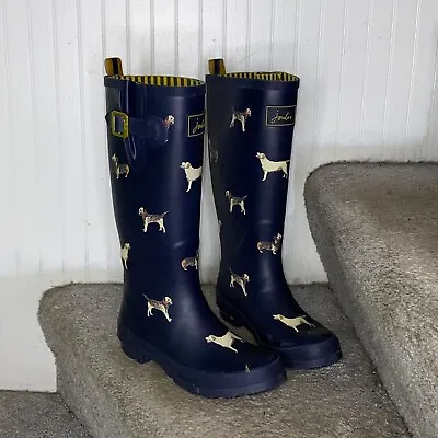 Joules Rubber Rain Boots Wellies Dogs Dog Lover Pull On Navy Lined US 7 • $36.44