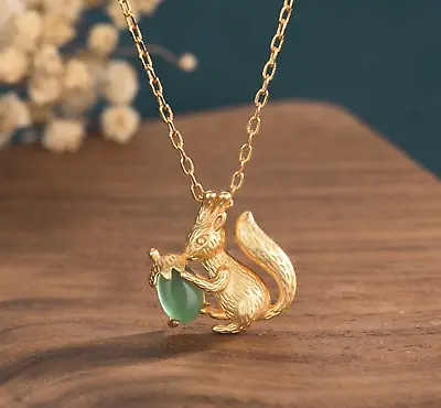 $11.72 • Buy Jade Jewelry Squirrel Acorn Charm Pendant With Chain Necklace 18K Gold Plated