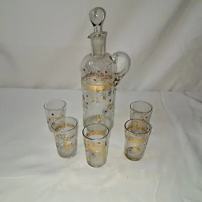 Vtg Victorian MCM Painted Gold Trim Glass Liquor Decanter & Set - 5 Shot Glasses • $30