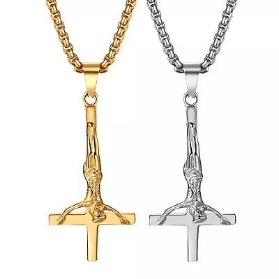 Mens Religious Inverted Upside Down Cross Jesus Necklace Pendant Stainless Steel • £12.41