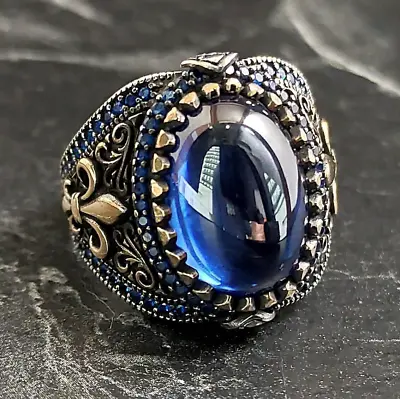 Men Oval Dark Blue Sapphire Gemstone Silver Ring Silver French Royal Ring • $64