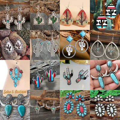 Vintage 925Silver Turquoise Cactus Earrings Western Cowboy Boho Ear Jewelry Gift • $2.19