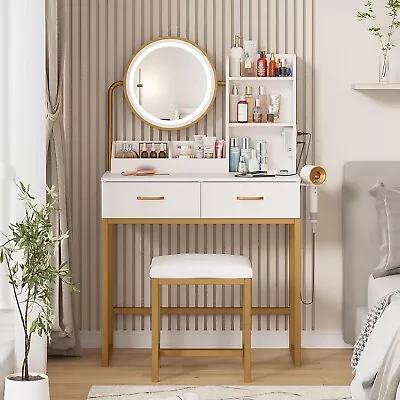 Vanity Dressing Table LED Light Mirror Stool Shelves Drawers Modern White Gold • £109.99