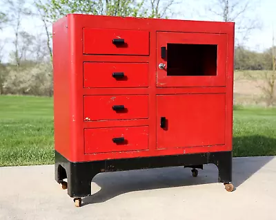 Vintage Medical Cabinet Dental Cart Industrial Metal Apothecary Drawer Red Black • $595