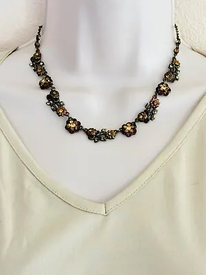 Crystal Enamel Necklace VTG Flower Choker Designer Dainty Rare Brass Chain Brown • $22.25