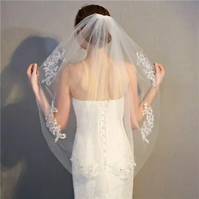 UK New Lace Short Wedding Veil 1T Ivory / WhiteTulle Elbow Bridal Veil +Comb  K1 • £6.96