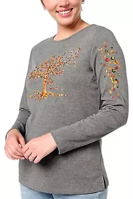 Quacker Factory Fall Breeze Embroidered Top Charcoal Grey • $19.99