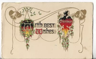 VTG Christmas Postcard-1913 With Best Christmas Wishes Gold Accents Holly Berry • $2.39