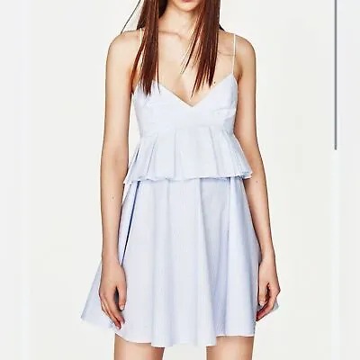 Zara Trafaluc Striped Peplum Mini Dress Blue White Size Small • $32