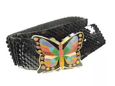 Vintage Butterfly Belt  70's 80's Stretch Sequin Fishscale  Enamel  Clasp Black • $20