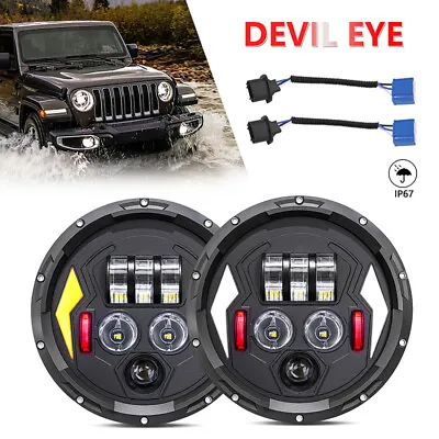 1 Pair 7  Inch Round LED Halo Headlights Hi-Lo Beam With H4-H13 Adapter For Jeep • £24.68