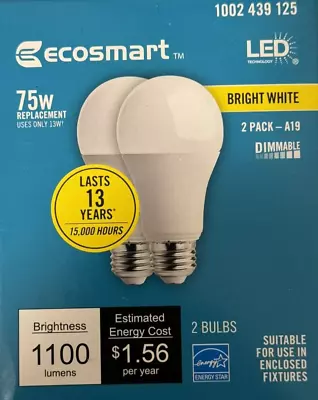 2 EcoSmart 75-Watt Frosted Bright White A19 LEDs W/Standard Base - 1002 439 125 • $13.79