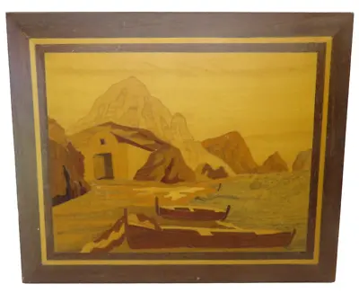 Vtg Marquetry Wood Inlay Art Picture Plaque Seaside Village Beach Boat Mountain • $24