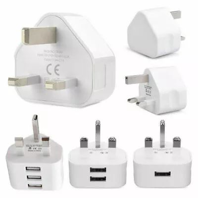 Mains 3 Pin Plug Adapter Wall Charger 1/2/3-Port Dual USB For Phones Tablets UK • £3.11