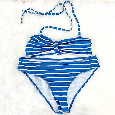 £4.99 • Buy Ladies Blue White Striped Halterneck Bikini Top & Bottoms Set Size 8 BX56