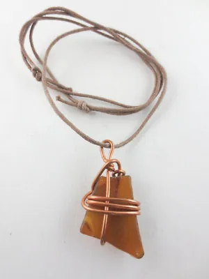 Vintage Unisex Copper Wire Wrapped Brown Glass Brown Chord Pendant Necklace • $5.99