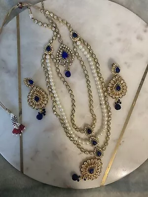 Blue And Gold Pearl Kundan Indian Bridal Costume Jewelry Set • $100