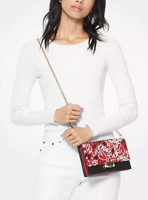 Michael Kors Cece Leather LG Crossbody/Shoulder/Clutch Graffiti Red Hearts LOVE • $325.43